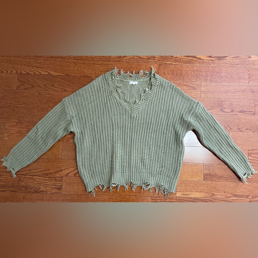 Olive Green Distressed Knit Sweater